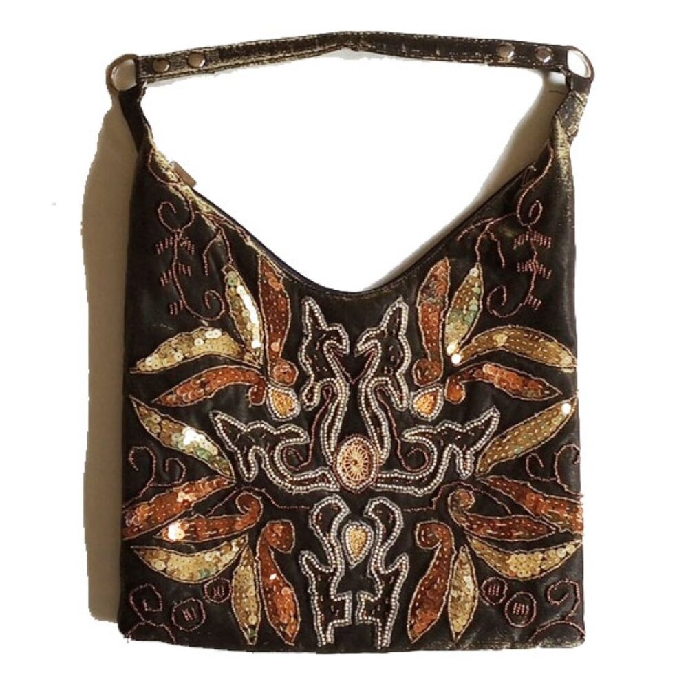 Beaded Sequined Soft Shoulder Bag Purse Brown Bronze Gold  50OFF3